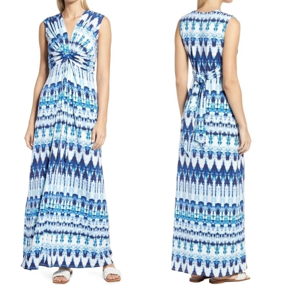 NWT Eliza J Twist Front Tie Dye Sleeveless Knit Maxi Dress in Blue Sz. 6